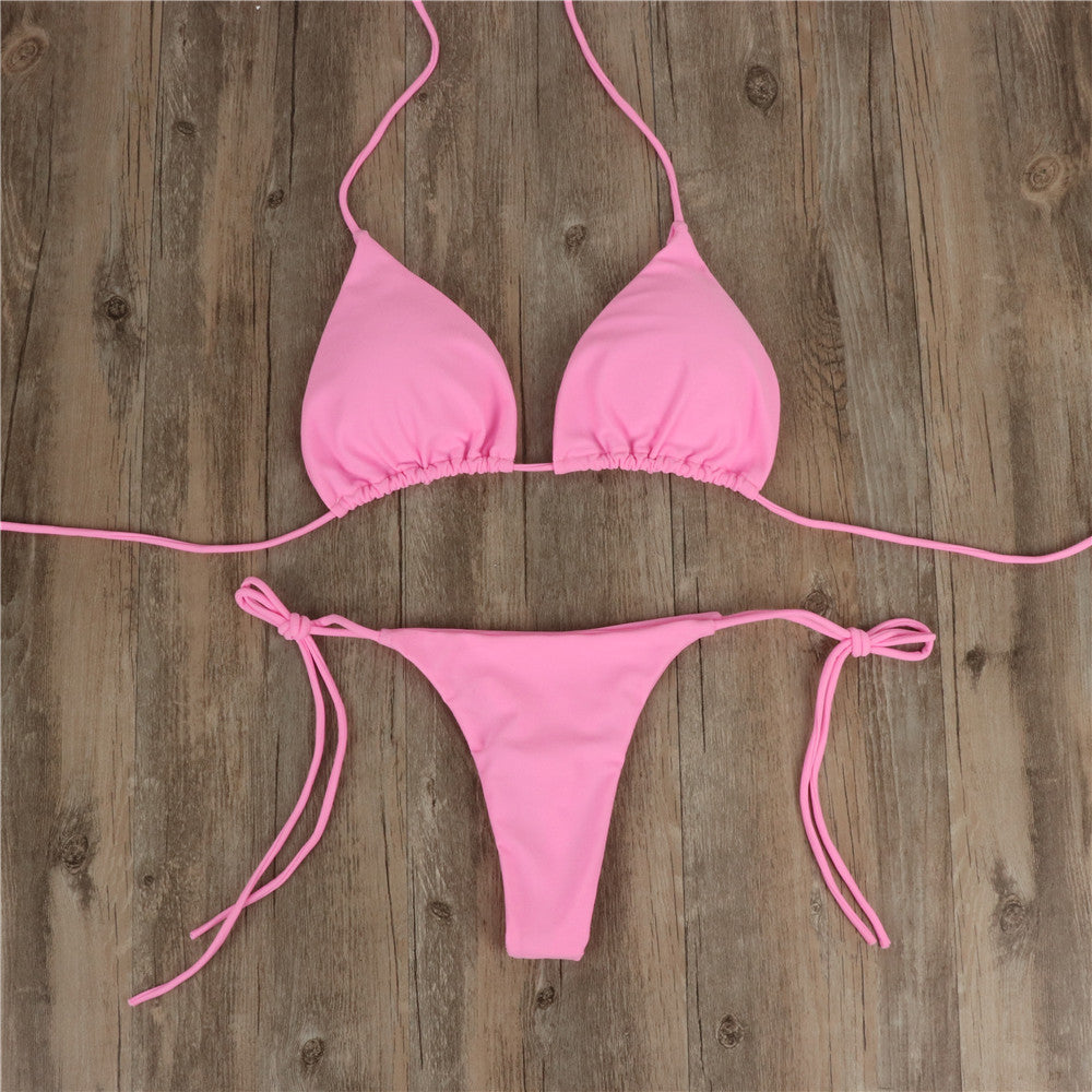 2pcs Halterneck Lace-up Bikini Women Summer Solid Color Sexy Split Strap Adjustable Swimsuit Suit