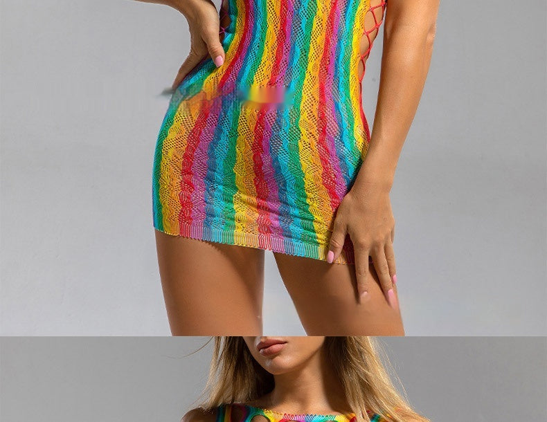 Sexy Stockings Sexy Rainbow Color Short Skirt Large Mesh Hollow Out