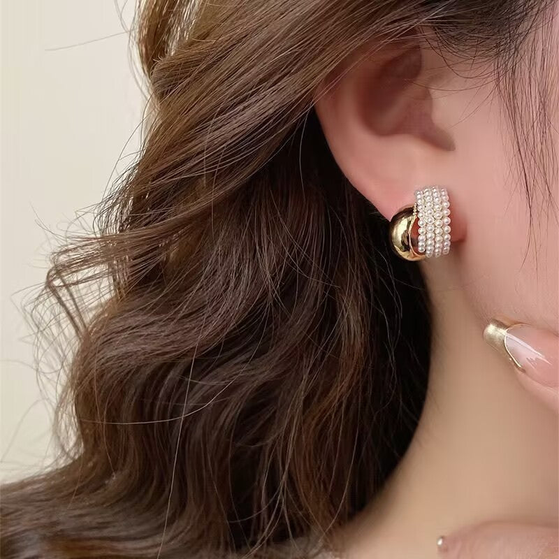 French Retro High-grade Pearl Metal Stud Earrings For Women