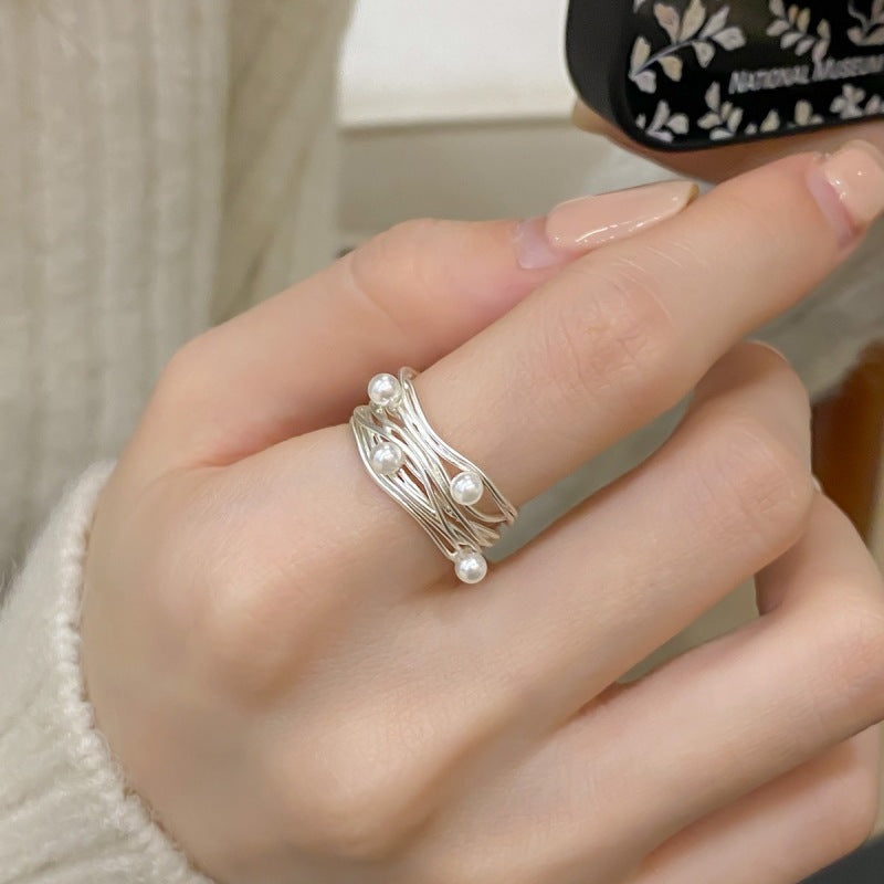 Irregular Line Feeling Multi-layer Open-end Pearl Ring Women